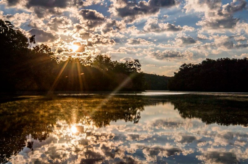 The swimming area at Don Carter State Park at sunset