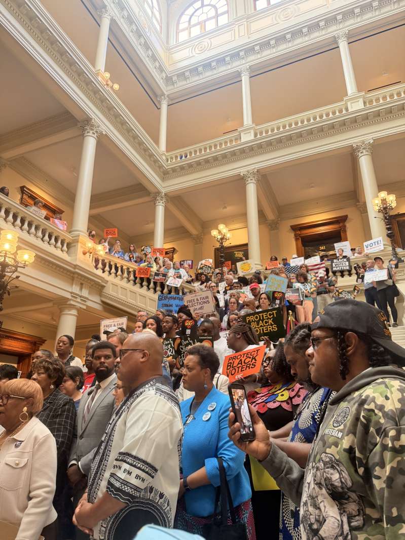 Protestors gather to protest gerrymanding at the Georgia state legislature.