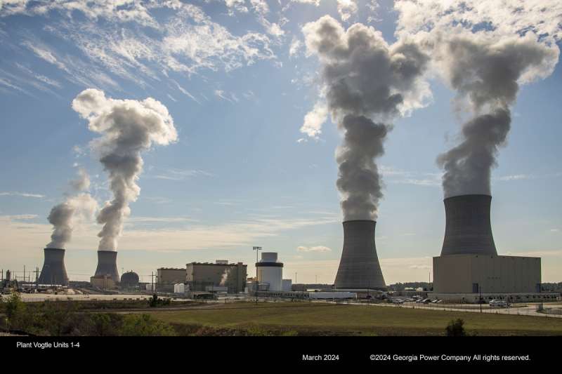 Plant Vogtle's four units in Waynesboro, Georgia in March 2024, the largest nuclear power plant in the United States